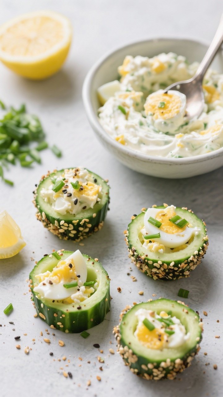 Overhead ingredients-to-assembly scene for Everything-Seasoned Cucumber Cups With Creamy Egg Salad; hollowed thick cucumber rounds sprinkled with everything bagel seasoning; a bowl of creamy egg salad (chopped hard-boiled eggs, mayo, Greek yogurt, Dijon, lemon juice, chives, salt and pepper) with a spoon; some cups filled and topped with extra chives; clean slate surface.