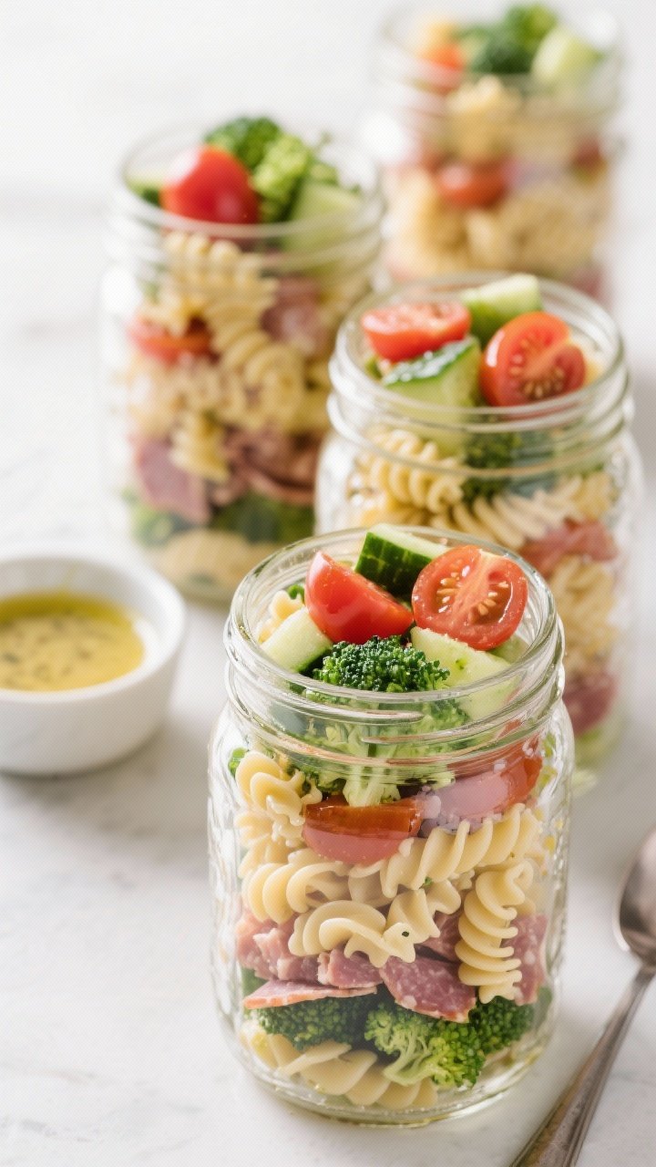 Overhead mason jar lineup of layered pasta salad: mini rotini, halved cherry tomatoes, diced cucumber, chopped steamed broccoli, and optional diced mild salami/turkey, with a light vinaigrette glistening between layers; jars uncapped to show textures and colors, a small bowl of dressing and a spoon nearby, bright and fresh.