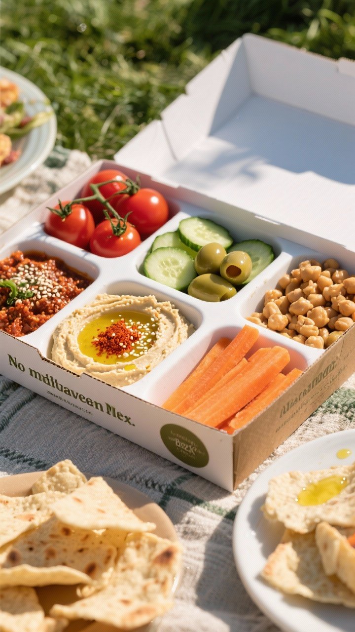 Overhead mezze box spread for No-Melt Mediterranean Mezze Boxes: compartmentalized container with creamy hummus, vibrant muhammara, cherry tomatoes, cucumber rounds, carrot sticks, and marinated chickpeas; olives and pita chips on the side; drizzle of olive oil and paprika on hummus, sesame sprinkle on muhammara; bright, sunlit picnic mood with tidy, inviting arrangement.