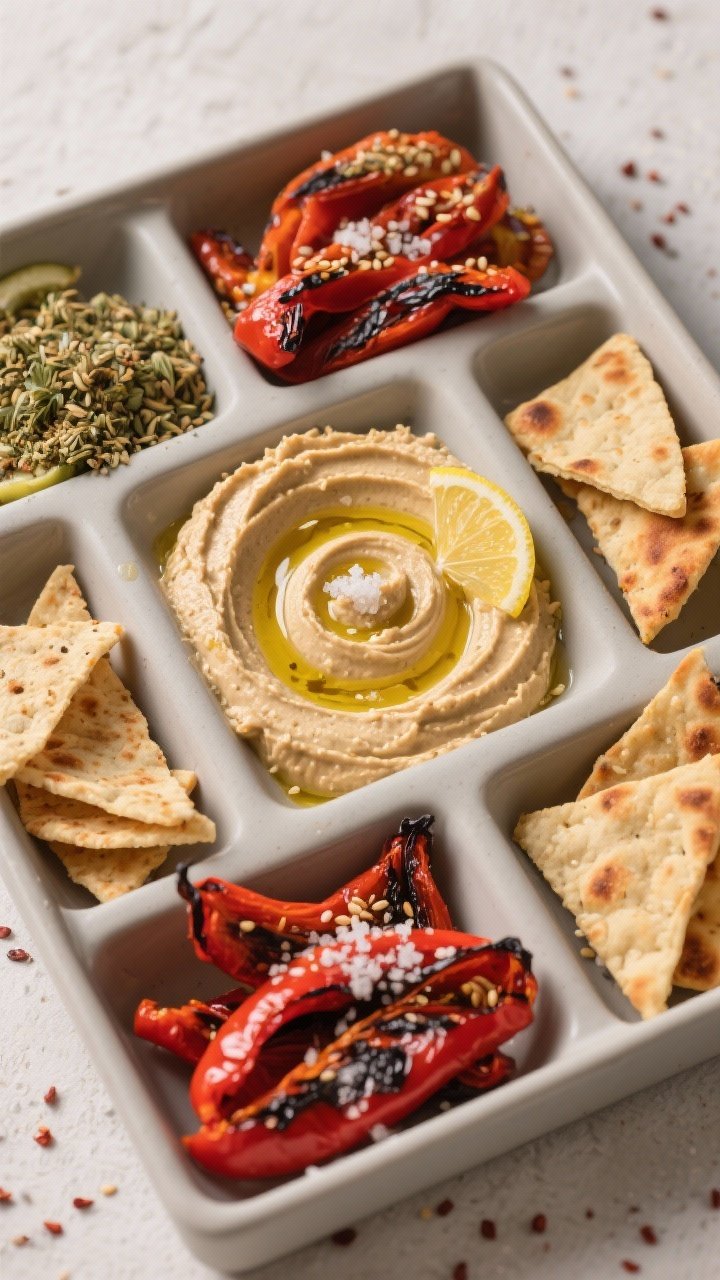 Overhead mezze box spread: silky hummus swirled with tahini, lemon juice, garlic, and ice-cold water, drizzled with olive oil and sprinkled with salt; charred red bell pepper strips with blistered skins; za’atar-dusted pita chips (pitas cut into triangles and baked), arranged neatly in compartments; sesame and sumac hints in the styling, clean lines and matte ceramics.