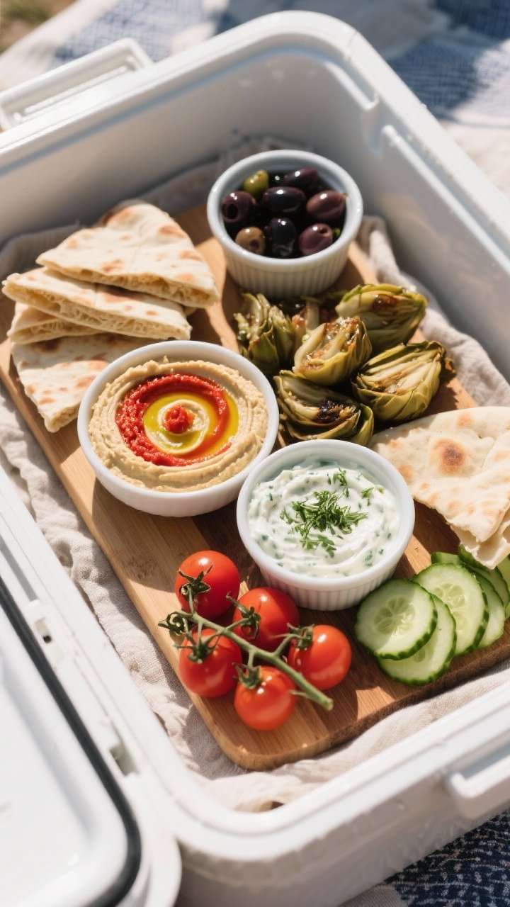 Overhead mezze picnic board arranged directly inside an open cooler tray: classic hummus and roasted red pepper hummus swirled with olive oil, a bowl of tzatziki, cherry tomatoes, English cucumber rounds, Kalamata olives, marinated artichoke hearts, folded pita wedges; Mediterranean color palette, clean white ramekins, rustic linen, crisp shadows, appetizing dips with visible herbs.