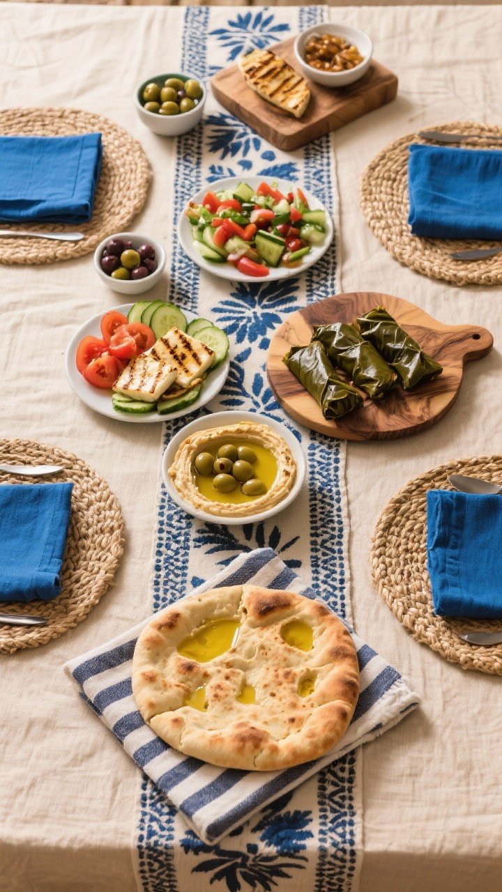 Overhead mezze spread on a sand-colored linen tablecloth with an indigo block-print runner, woven sisal/palm placemats, cobalt blue cotton napkins, and a striped Turkish towel cradling warm flatbreads; include hummus with olive oil pools, marinated olives, grilled halloumi, tomato-cucumber salad, stuffed grape leaves; sun-baked textures, olive wood boards, Mediterranean warmth.