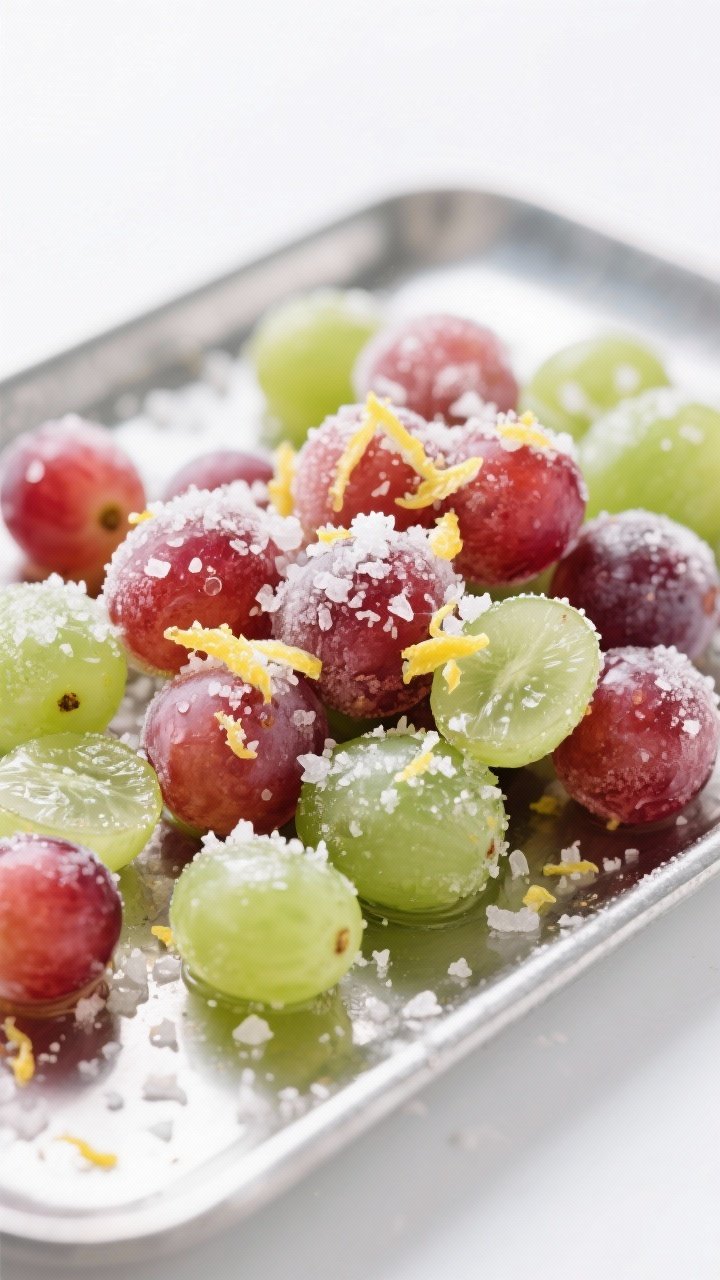 Overhead minimalist image of frozen grapes dusted with citrus salt: frosty red and green seedless grapes on a chilled metal tray, sprinkled with a mix of flaky sea salt and finely grated lemon or lime zest; optional light sugar sparkle; icy condensation, high contrast, bright zesty accents, clean white background for a refreshing and modern look.