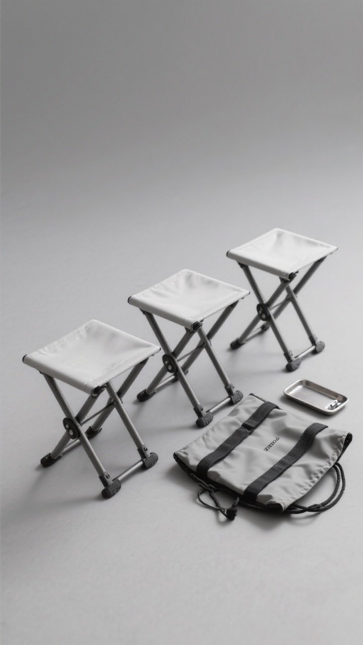 Overhead minimalist layout of an ultralight folding stool trio: three stools (aluminum or carbon fiber frames) fanned out with visible non-slip feet caps, the carrying pouch open, elastic straps neatly coiled, and an optional clip-on mini tray placed to the side; clean negative space, matte gray backdrop to emphasize sleek engineering and portability.