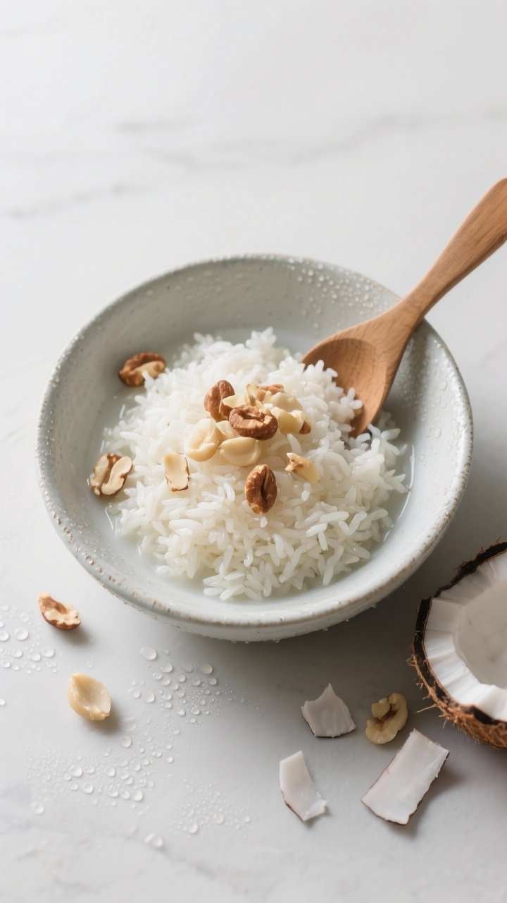 Overhead minimalist scene of chilled coconut rice fluffed in a low, wide bowl: pearly jasmine grains cooked with full-fat coconut milk, water, a whisper of sugar and salt, topped with chopped toasted macadamia nuts; a wooden rice paddle, scattered coconut flakes, and condensation on the bowl to convey chill.