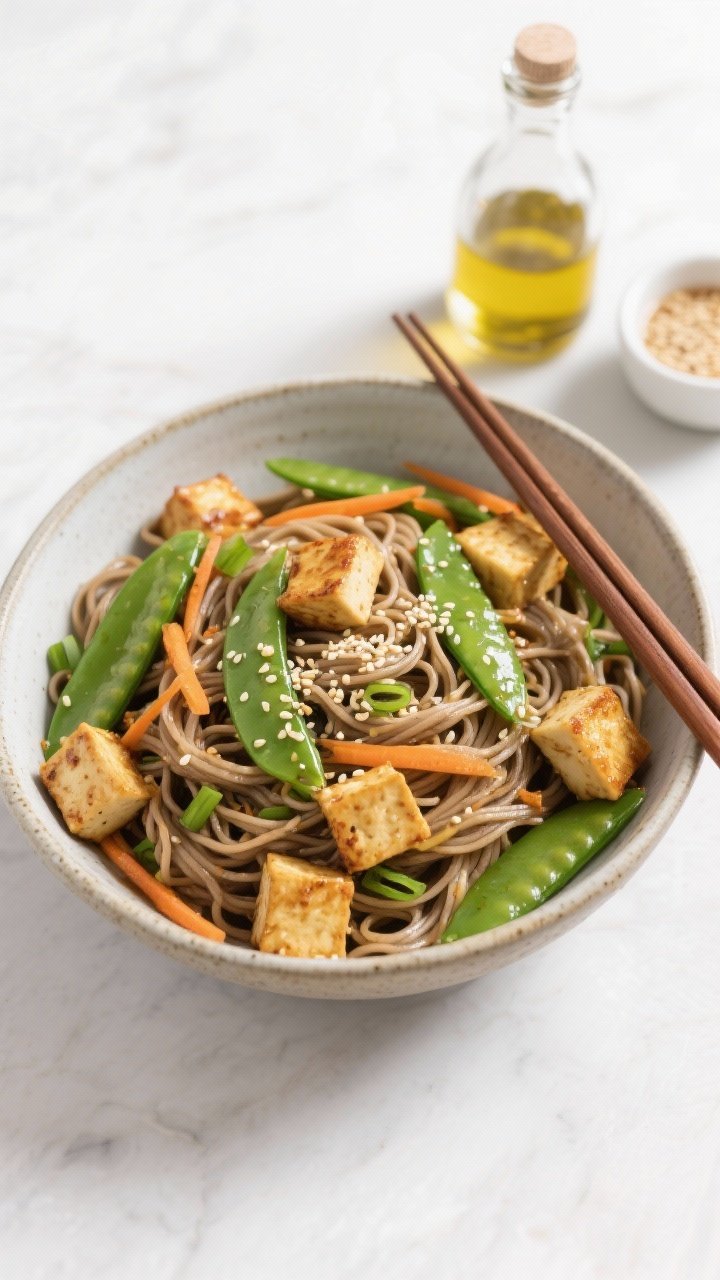 Overhead noodle bowl of zesty sesame soba: tangle of soba noodles tossed with golden-seared tofu cubes, sliced snap peas, shredded carrots, and thin scallions, sprinkled with toasted sesame seeds; a small dish of sesame dressing and bottle of neutral oil to the side, chopsticks resting on a ceramic bowl, bright, crisp, modern styling.