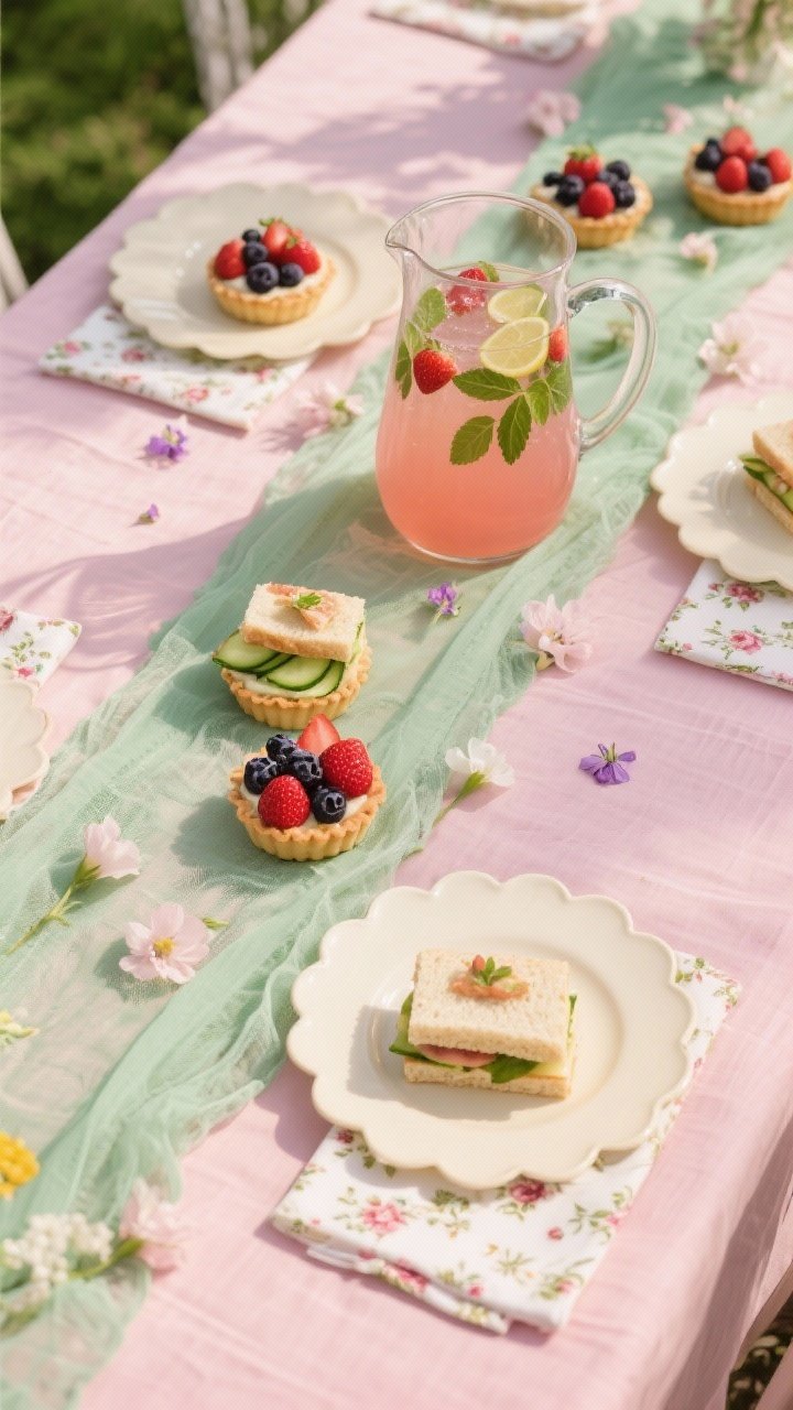Overhead pastel garden party tablescape on a blush pink linen tablecloth with a sage-green gauze runner, cream scalloped placemats, and small-scale floral print cotton napkins; final presentation of mini fruit tarts with berries, cucumber tea sandwiches, and a pitcher of strawberry-mint lemonade; soft diffused daylight, edible flowers scattered, delicate spring mood.