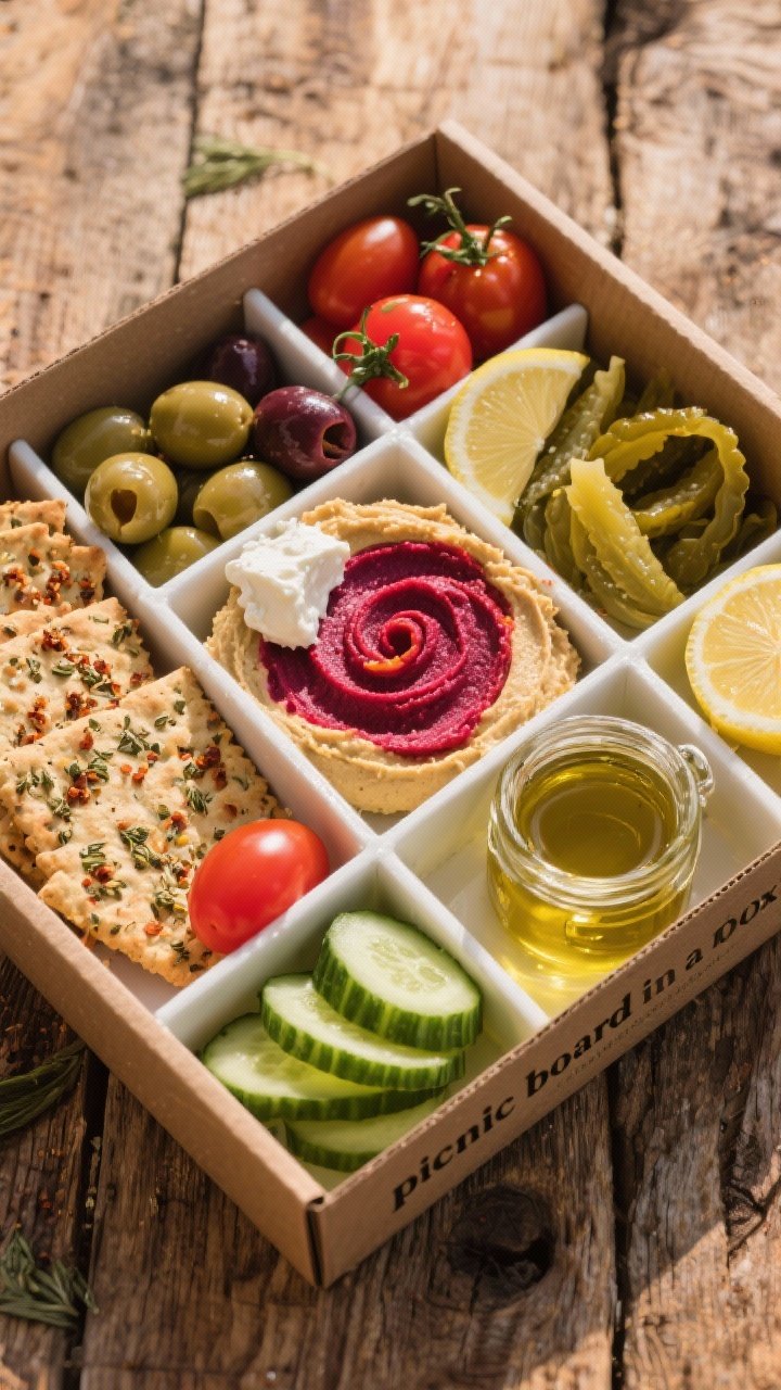 Overhead “picnic board in a box” mezze: a compartmentalized box featuring swirls of classic hummus and beet/roasted red pepper hummus, a dollop of whipped feta, mixed olives, quick pickles, cherry tomatoes, sliced cucumbers, and za’atar crackers dusted visibly with spices. Include lemon wedges and a small jar of olive oil; bold colors, tidy arrangement, rustic wood backdrop.