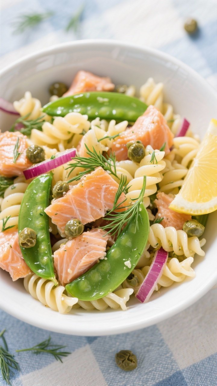 Overhead picnic bowl of Dill-Salmon Pasta Salad: short pasta (fusilli) coated lightly, generous flakes of cooked salmon, halved sugar snap peas, thin red onion, capers glistening, fresh dill fronds, lemon wedges on the side and a few lemon capers dotted throughout; cool, coastal colors and a clean white ceramic bowl.
