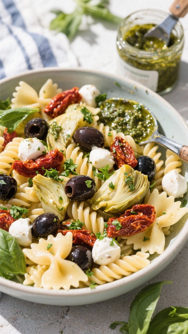Overhead picnic bowl of pasta salad: short pasta (fusilli or farfalle) tossed with oil-packed sun-dried tomatoes, chopped marinated artichoke hearts, halved Kalamata olives, mini mozzarella pearls, and a glossy herb pesto; scattered torn basil and parsley; a small jar of extra pesto and serving tongs nearby; saturated colors, al dente sheen.