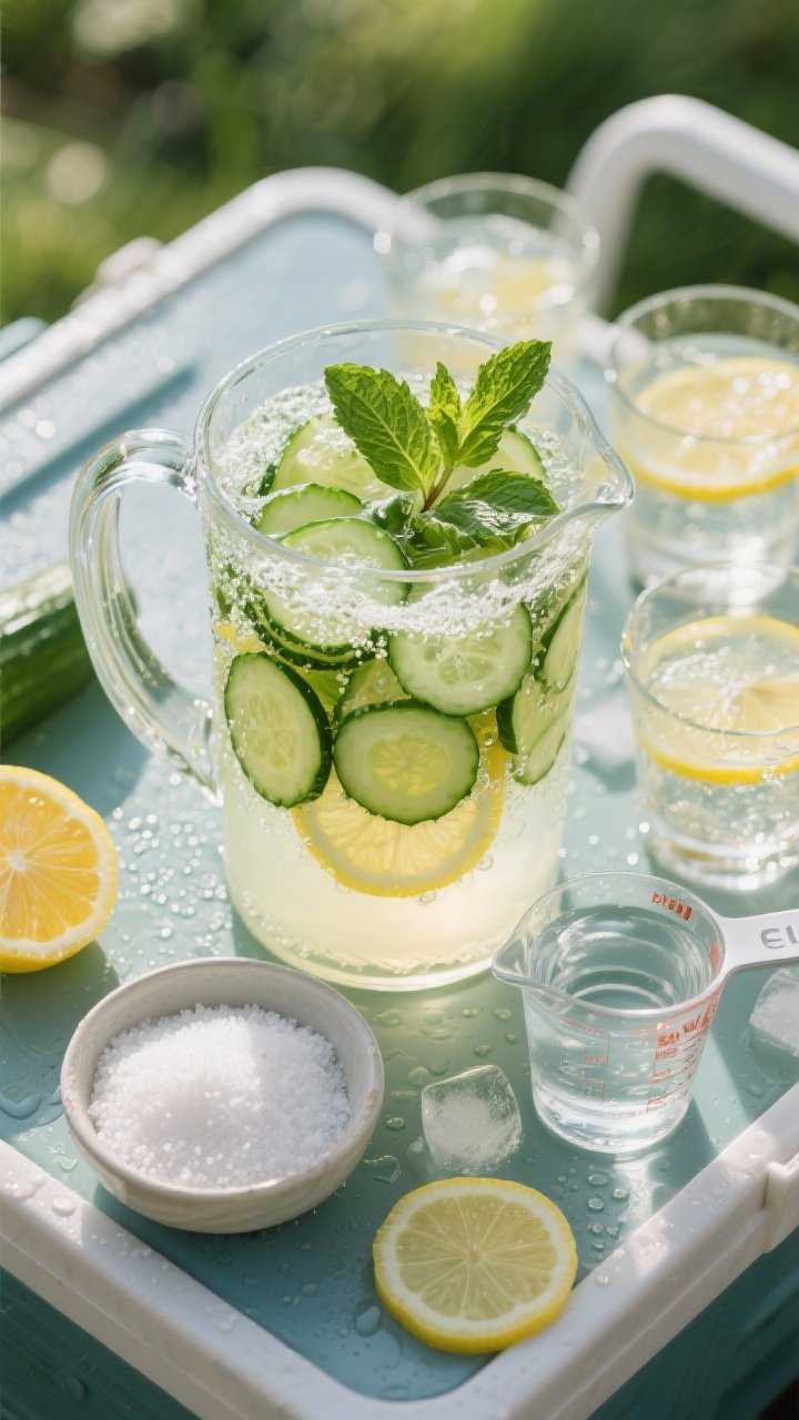 Overhead picnic cooler vignette of sparkling cucumber mint lemonade: a clear pitcher with fresh lemon juice, thin English cucumber rounds, and packed mint leaves topped with fizzing chilled sparkling water; granulated sugar in a small bowl and a measuring cup of still water nearby; condensation, ice cubes, and lemon wheels in glasses for an ultra-refreshing look.