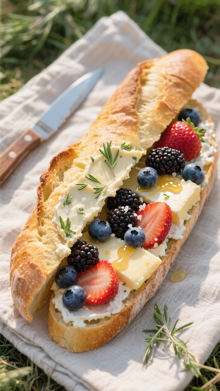 Overhead picnic cut of a wild berry + brie baguette: crusty baguette split and spread with herb butter (softened butter flecked with thyme/tarragon), layered with creamy brie slices and a tumble of blueberries, blackberries, and strawberry slices, finished with a fine thread of honey and a pinch of flaky salt; a linen napkin and pocketknife nearby; vibrant berry colors against golden bread, clean, inviting composition.