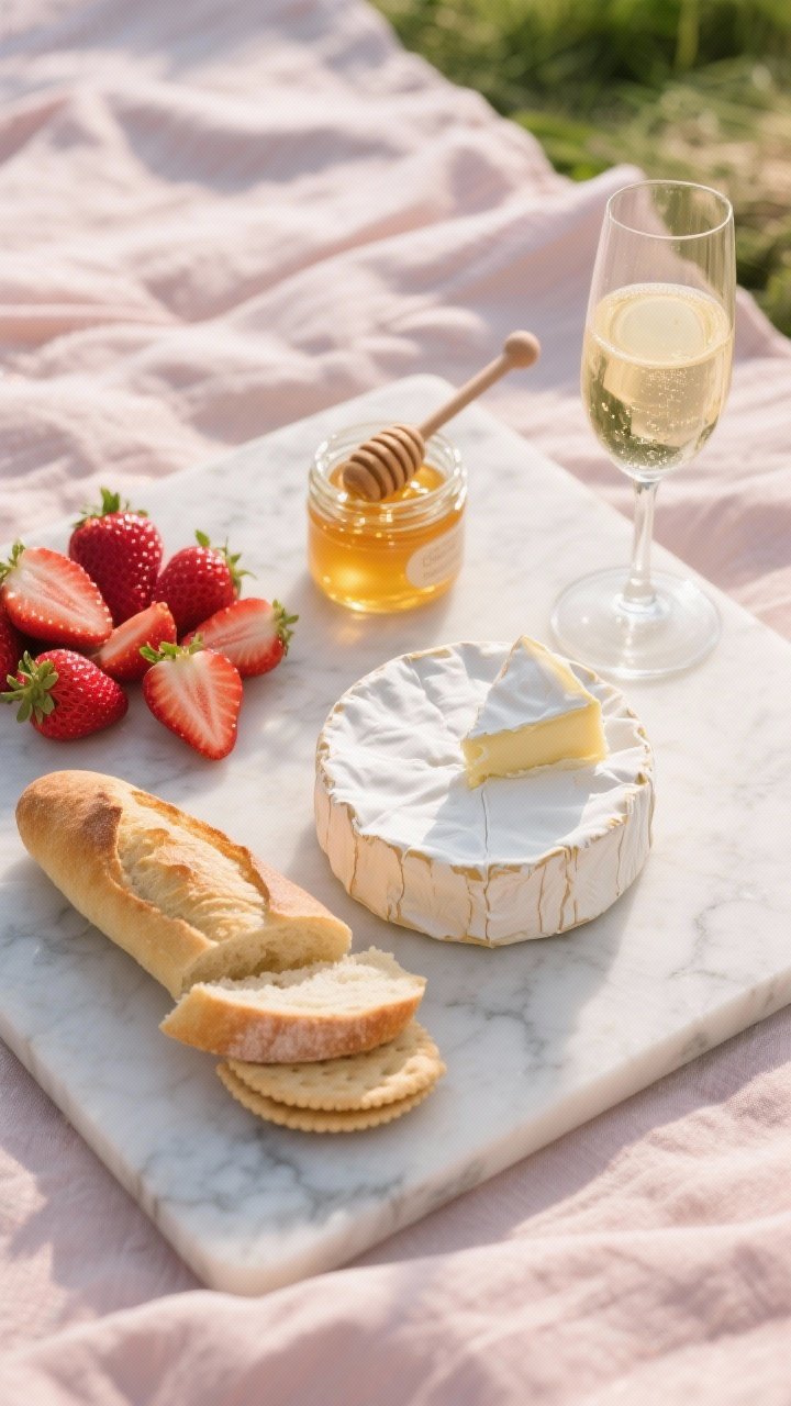 Overhead picnic flat lay: a chilled triple-cream Brie wheel just starting to soften, neat slices of baguette and a small stack of neutral buttered crackers, a fan of hulled and sliced strawberries glistening, a small glass jar of runny honey with a tiny honey dipper drizzling onto the Brie, pale bubbly sparkling wine in a flute catching light; soft, celebratory mood with pastel linens, clean marble surface, bright natural light, emphasis on creamy Brie, ruby strawberries, and golden honey sheen.