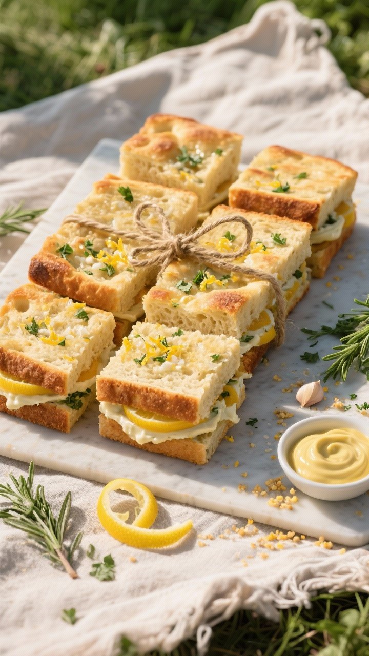 Overhead picnic-flat-lay of citrus & herb focaccia sandwich stacks: 9x13 focaccia halved and layered with mayo-Dijon spread, lemon zest and juice, grated garlic, and chopped fresh herbs; sandwiches cut into tidy squares, stacked with visible airy crumb and golden crust, tied with twine. Include a small bowl of lemony mayo-mustard spread, lemon zest curls, herb sprigs, and crumbs on a linen blanket, bright natural daylight, vibrant yet rustic styling.