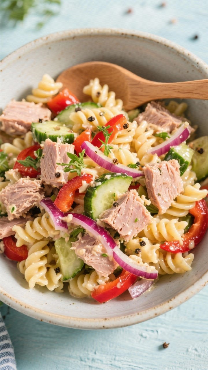 Overhead picnic-ready bowl of island tuna pasta salad: cavatappi coated in a glossy, creamy dressing, chunks of high-quality tuna in olive oil, diced cucumber, red bell pepper, and thinly sliced red onion folded through; sprinkled with cracked pepper and fresh herbs, served in a wide ceramic bowl with a wooden spoon, cool coastal mood.