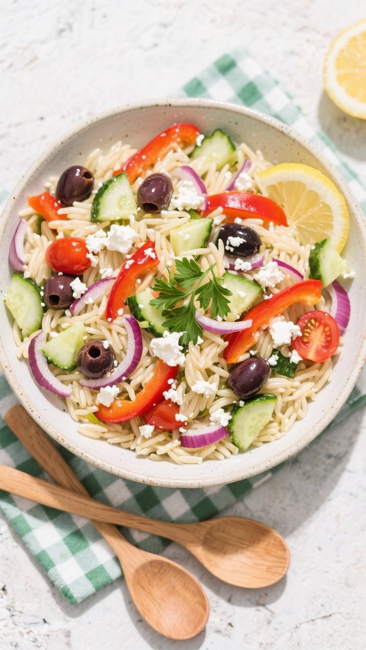 Overhead picnic-ready Mediterranean orzo salad in a large shallow bowl: tender orzo tossed with diced English cucumber, red bell pepper, finely chopped red onion, halved cherry tomatoes, Kalamata olive halves, and crumbled feta. Fresh parsley and a light olive oil–lemon sheen; wooden serving spoons, checkered napkin, vibrant colors against a pale stone background.