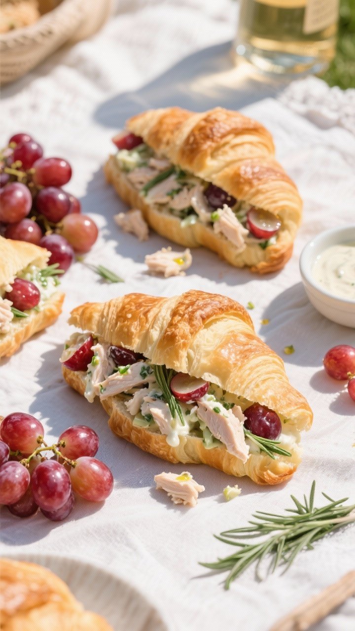 Overhead picnic scene of champagne chicken salad croissants: buttery croissants stuffed with chopped cooked chicken, red seedless grape halves, flecks of fresh tarragon, creamy mayo-Greek yogurt-Dijon dressing kissed with champagne vinegar; some filling spilling out to show texture, extra grapes and tarragon scattered, small bowl of dressing on the side, bright natural light, crisp linen, focus on glossy grapes and flaky croissant layers.