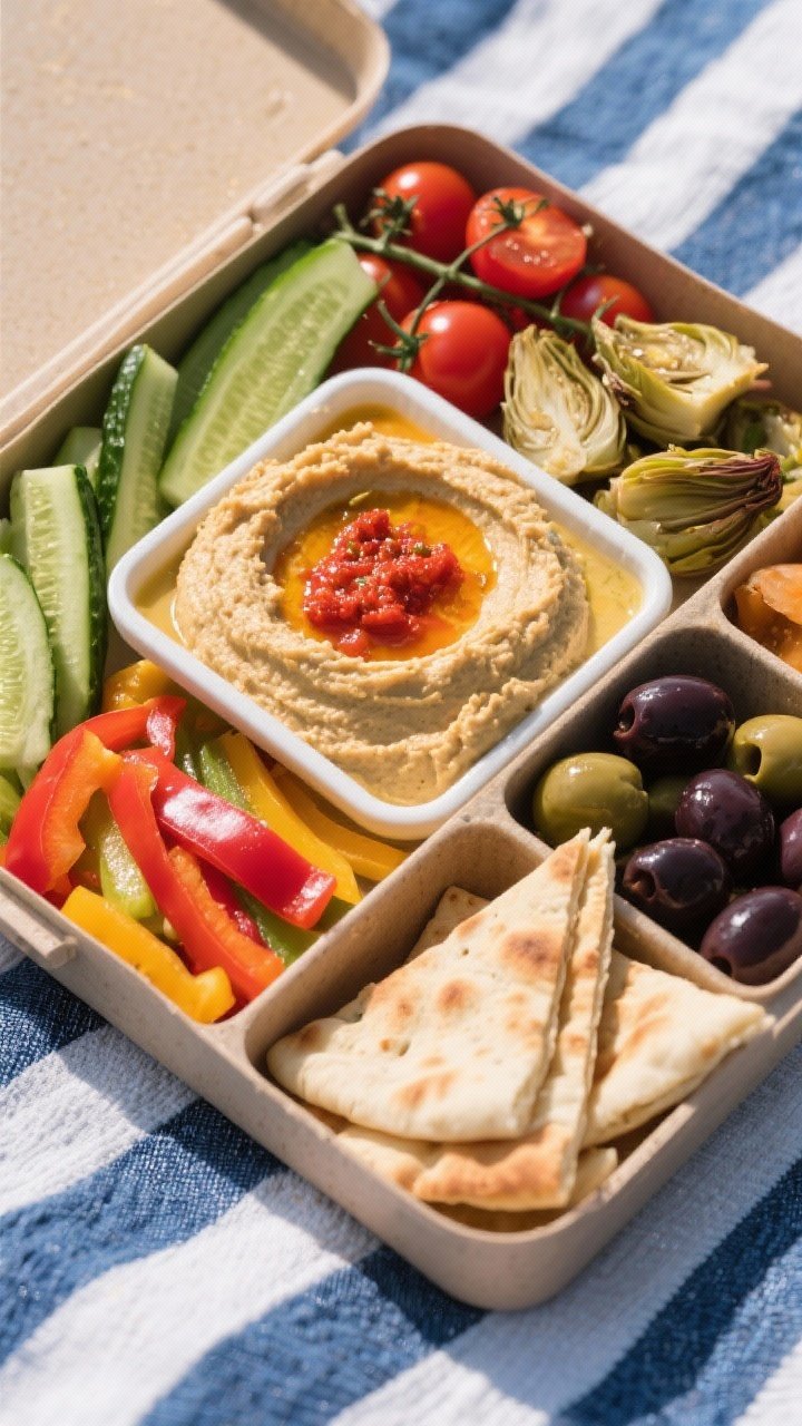 Overhead picnic snack box layout: a bento-style box with a generous scoop of hummus in one compartment (classic or roasted red pepper), surrounded by cucumber spears, multicolor bell pepper strips, cherry tomatoes, marinated artichoke hearts, Kalamata olives, and warm pita triangles; clean separations, vibrant Mediterranean palette.