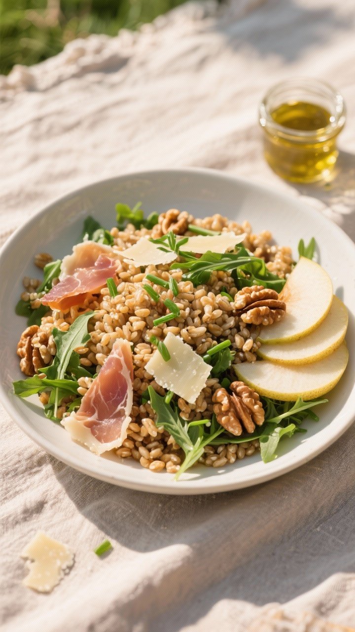 Overhead plated farro salad that won’t wilt: a shallow white bowl filled with chewy farro, peppery baby arugula, crisp shards of prosciutto, thin pear slices fanned out, toasted walnuts, shaved Parmesan ribbons, and sprinkled chives; golden light highlighting crunchy textures, with a small jar of vinaigrette off to the side and a linen napkin for a refined picnic aesthetic.