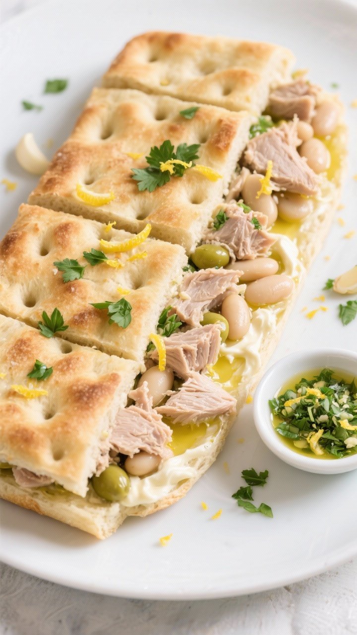 Overhead plated focaccia sandwich squares: slab of olive oil–dimpled focaccia split horizontally and filled with a lemony tuna white bean mix (oil-packed tuna lightly drained, cannellini beans, a touch of mayonnaise and olive oil, lemon zest gremolata with parsley and garlic); cut into neat squares with visible beans and tuna flakes; sprinkled with fresh parsley and lemon zest; a small dish of gremolata on the side; bright, clean styling with Mediterranean cues.