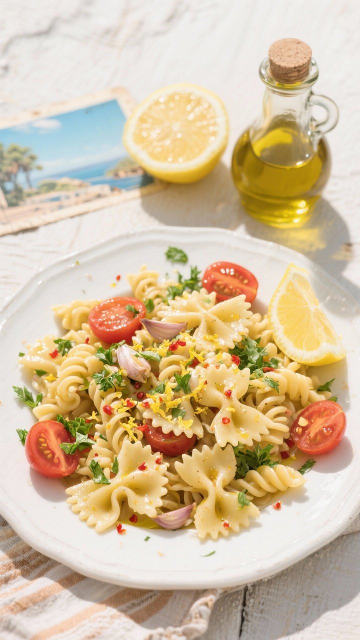 Overhead plated presentation of herb-lemon picnic pasta: short pasta (fusilli/farfalle) tossed with olive oil, lemon zest and juice, grated garlic, red pepper flakes; halved cherry tomatoes and a shower of chopped fresh herbs (parsley/basil) for a sun-faded postcard look; lemon halves and a small cruet of olive oil alongside; bright, fresh, travel-worn postcard props.