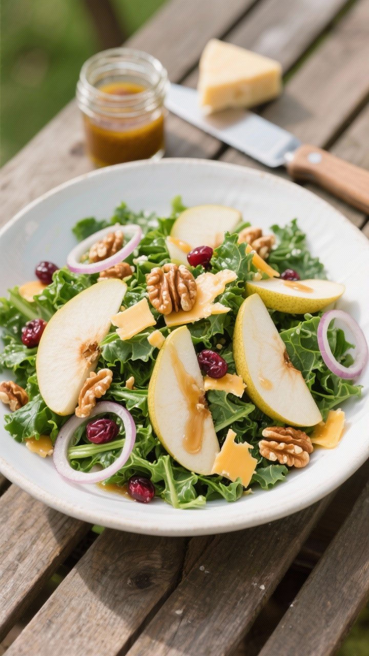 Overhead plated salad: baby kale (or chopped romaine) mounded with thinly sliced crisp pears, shaved aged cheddar, toasted walnuts, and optional dried cranberries. Drizzle of maple-mustard vinaigrette pooling lightly on leaves, with thinly sliced shallot rings scattered. Serve in a wide white bowl on a wood picnic table; include a small jar of vinaigrette and a cheese plane. Bright, fresh greens and pear translucency showcased.