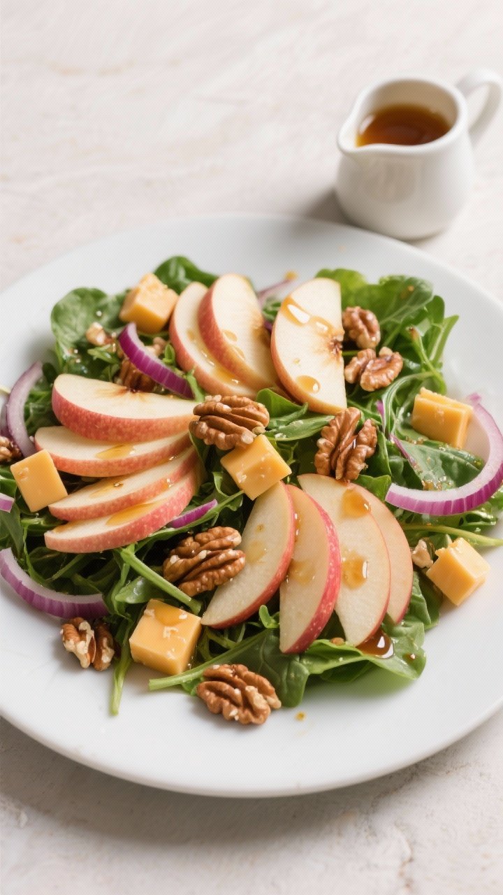Overhead plated salad of crisp apple, cheddar, and walnut with mixed greens: thinly sliced Honeycrisp or Pink Lady apples fanned over baby greens, small cubes of sharp cheddar nestled throughout, toasted roughly chopped walnuts, wisps of thinly sliced red onion, a glistening maple Dijon vinaigrette lightly coating leaves, extra dressing in a tiny pitcher, autumnal yet bright palette.