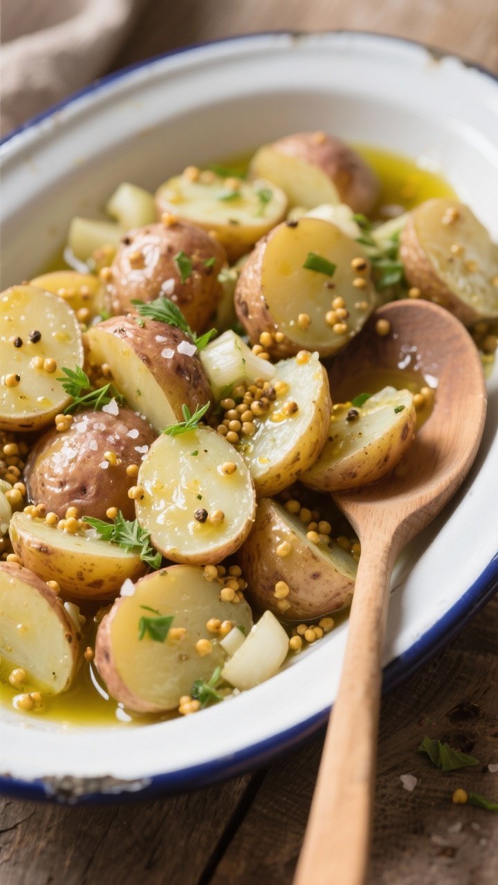 Overhead plated shot of no-mayo picnic potato salad: halved waxy potatoes glistening in a Dijon vinaigrette made with extra-virgin olive oil, white wine vinegar, Dijon and whole-grain mustard, and minced shallot; sprinkled with sea salt and cracked pepper, garnished with fresh herbs; served in a wide, shallow enamel dish with a wooden spoon; earthy, tangy, mustard-seed texture emphasized.