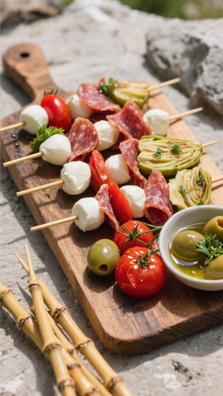 Overhead platter of Alpine Antipasto Skewers: bamboo skewers threaded with mozzarella balls (ciliegine), folded salami/soppressata, cherry tomatoes, marinated artichoke hearts, and mixed olives; a small bowl of herby olive drizzle glistening nearby, some skewers brushed so they shine; rugged wooden board evokes alpine picnic vibes, vibrant reds and greens popping against neutral tones.