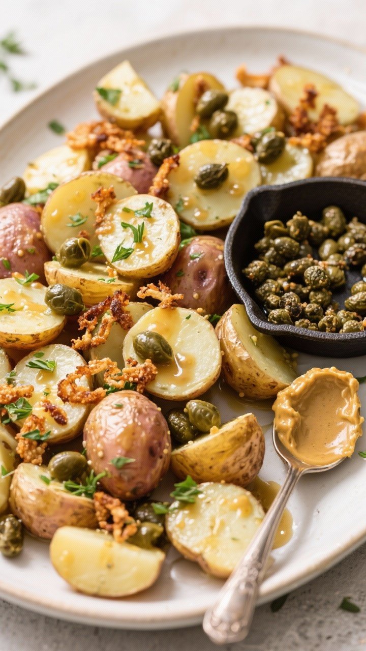 Overhead platter of maple-mustard potato salad with crispy capers: halved baby potatoes tossed in a dressing of olive oil, Dijon, whole-grain mustard, and maple syrup; topped with fried capers for crunch; herbs sprinkled over, with a small skillet of freshly fried capers and a spoon of whole-grain mustard nearby; inviting, slightly glossy finish.