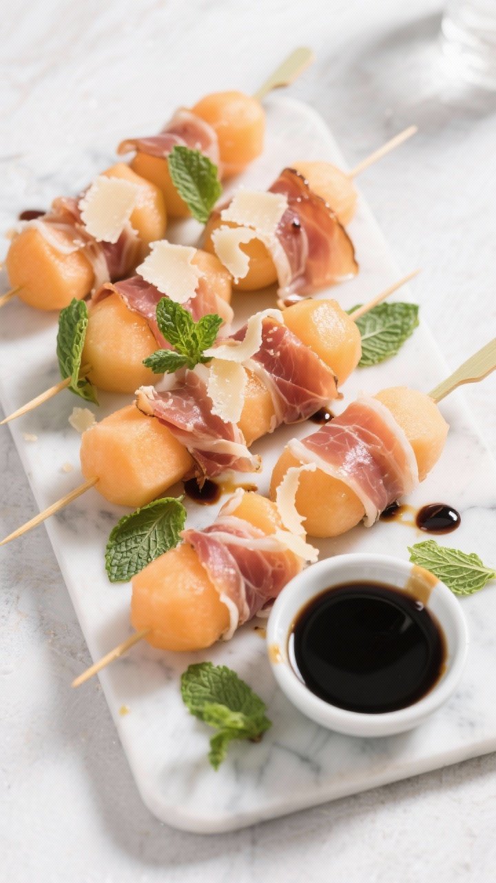 Overhead platter of prosciutto-wrapped melon skewers: cantaloupe balls threaded with silky prosciutto ribbons, shaved Parmigiano-Reggiano curls, torn mint leaves, and a shiny balsamic glaze drizzle; styled on a white marble tray with a small bowl of extra glaze, elegant and summery.