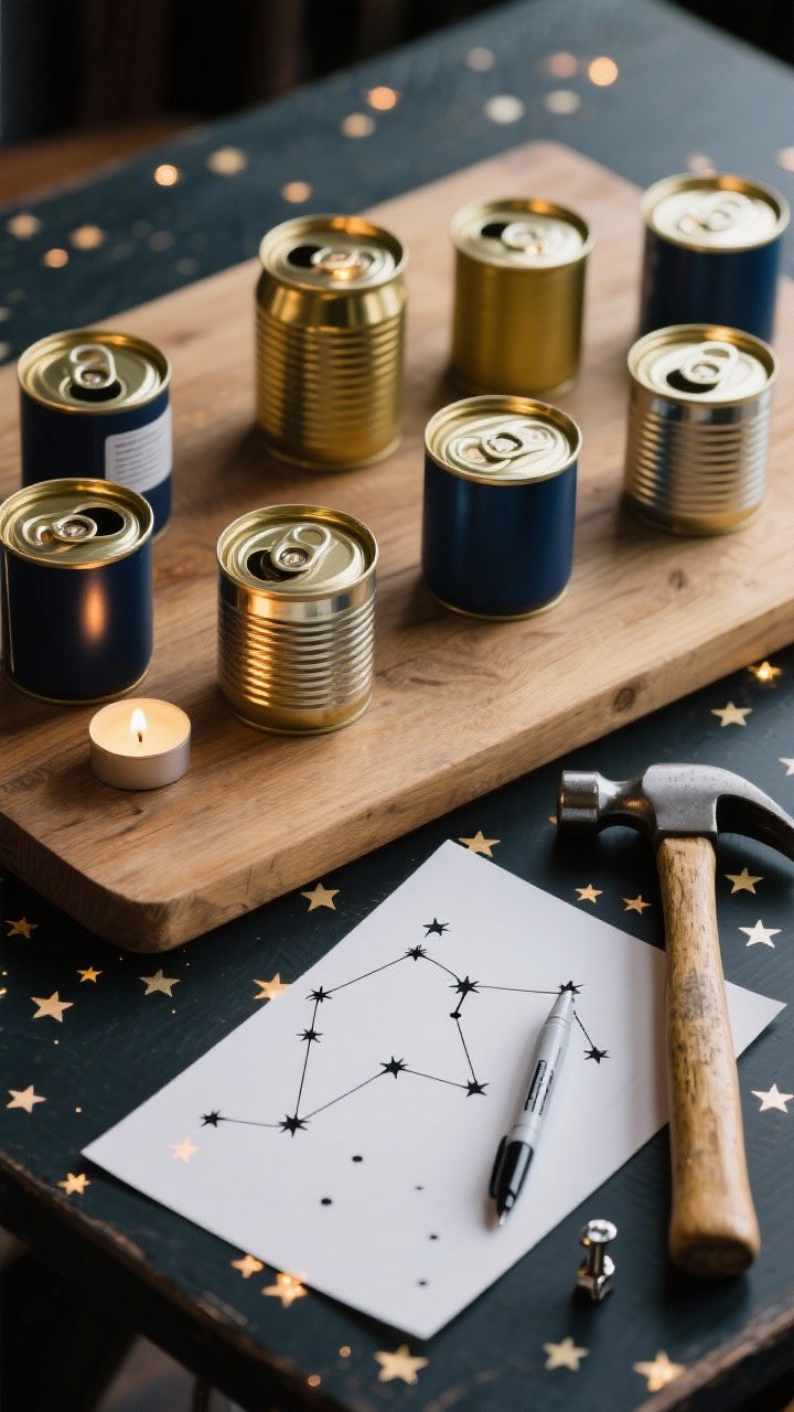 Overhead prep-and-finish composite: 6–8 empty tin cans (labels removed, edges smoothed) arranged on a wooden board; paper templates and a marker beside a nail, hammer, and small metal punch show star constellations mapped; some cans already punched and optionally spray painted in matte navy and gold; LED tea lights inside emit pinpoint star patterns across the table.