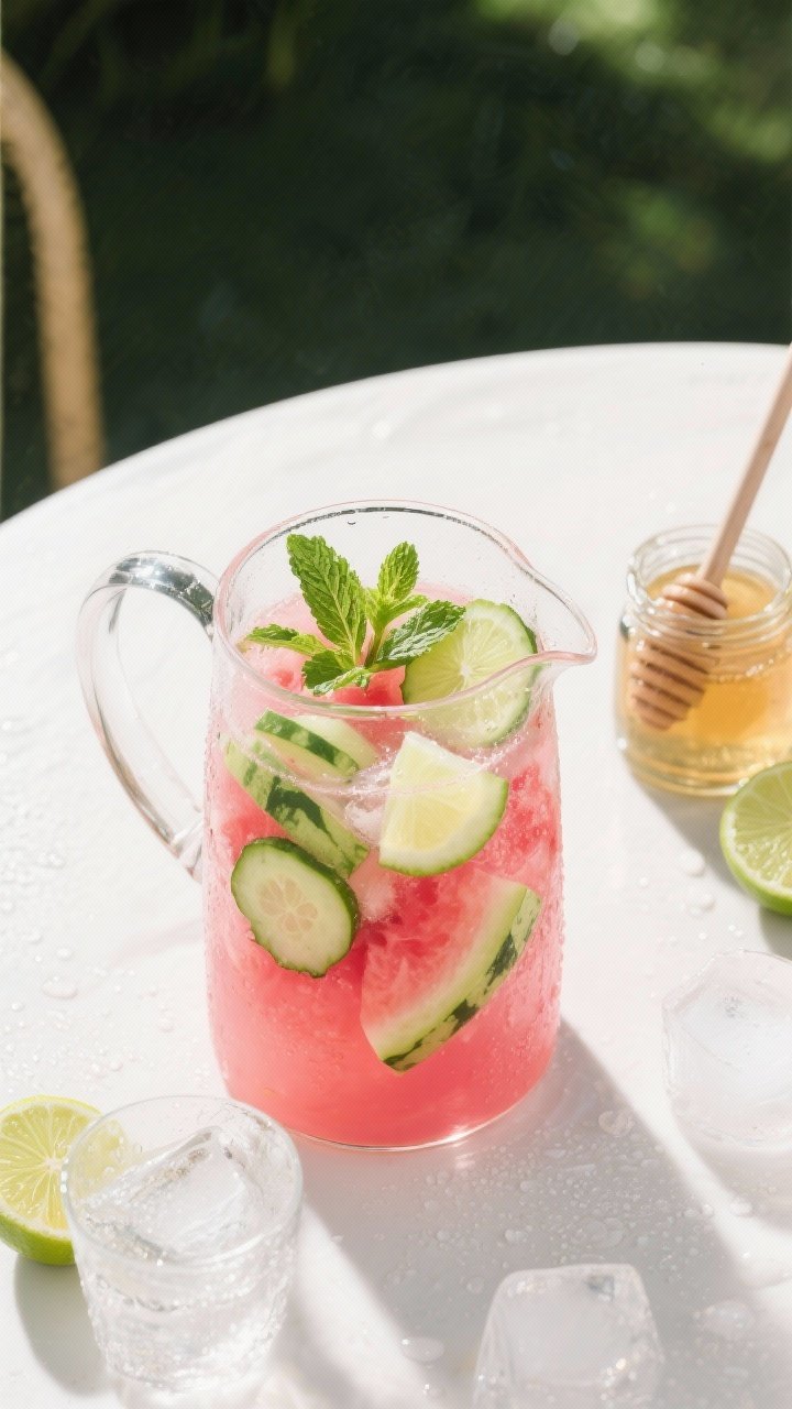 Overhead refreshing beverage scene: a clear pitcher of watermelon, cucumber, and mint refresher with lime—vivid pink liquid studded with pale green cucumber pieces, fresh mint leaves, and lime wheels floating. Honey jar and limes nearby, condensation on the pitcher and glasses, ice cubes sparkling on a white outdoor table.