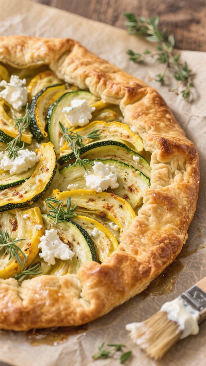 Overhead rustic bake of garden veg galette: golden, crimped pastry encasing ribbons of thinly sliced zucchini and yellow squash, dollops of softened goat cheese, and fresh thyme leaves; edges lacquered, filling slightly blistered; set on parchment with scattered thyme and a pastry brush with cream nearby; warm, cozy coloration with crisp crust detail.