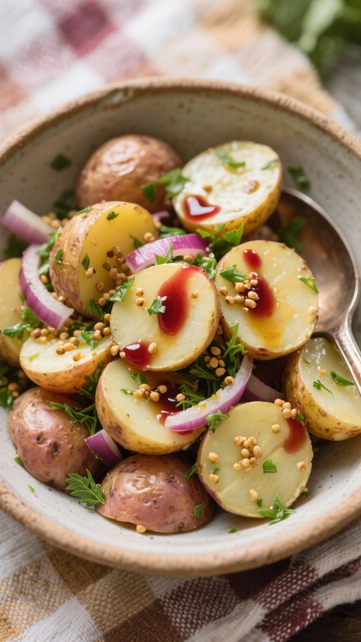 Overhead rustic bowl of Picnic-Perfect Herbed Potato Salad (no mayo): halved baby potatoes glistening with a vinaigrette of red wine vinegar, sugar, extra-virgin olive oil, Dijon, and whole-grain mustard, tossed with thinly sliced shallots and fresh chopped herbs; flecks of mustard seeds visible, served in an earthenware bowl with a spoon, picnic cloth underneath.