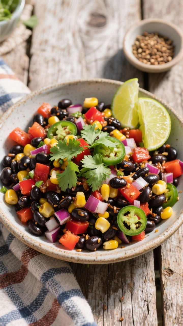 Overhead rustic bowl of smoky black bean and corn salad: glossy black beans, sweet corn kernels, diced red bell pepper, finely diced jalapeño, and chopped red onion; dressed with lime-cumin vinaigrette (lime halves and cumin seeds in a pinch bowl nearby); sprinkle of chopped cilantro on top; bright, punchy contrast with a weathered wooden table backdrop, picnic-ready vibe, no people.