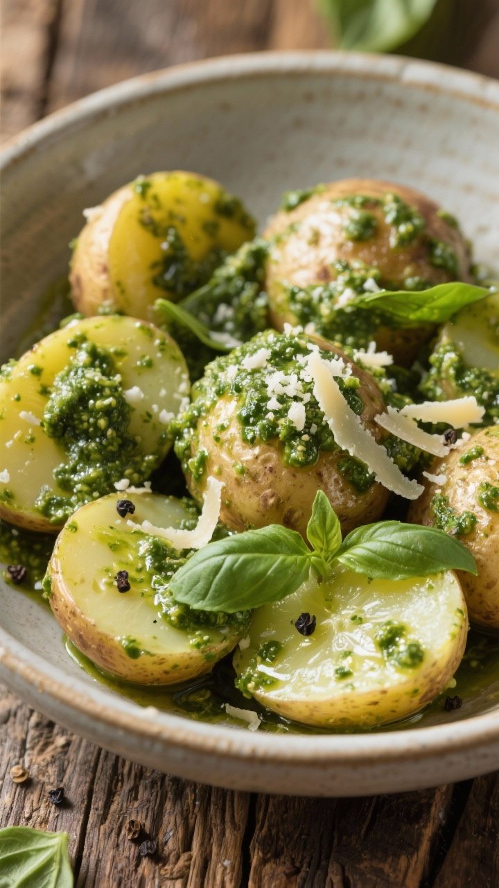 Overhead rustic bowl shot of five-ingredient pesto potato salad: halved baby potatoes glistening and well-coated in vivid green pesto, with a hint of olive oil and lemon juice; optional grated Parmesan sprinkled and a few fresh basil leaves tucked in; coarse black pepper visible; served in a wide, shallow ceramic bowl on a wood table.