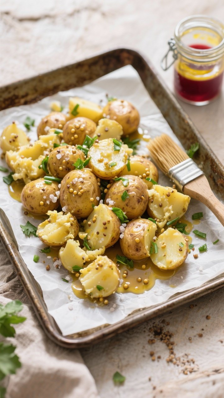 Overhead rustic scene of smashed baby potato salad on a parchment-lined tray: golden baby potatoes, gently smashed and tossed with a mustard vinaigrette (whole-grain and Dijon mustards, red wine vinegar, olive oil), flecks of chopped parsley and chives, and a light sprinkle of flaky salt. Some vinaigrette pooled in crevices, showing tangy sheen. A small jar of vinaigrette with a brush nearby to suggest picnic readiness.