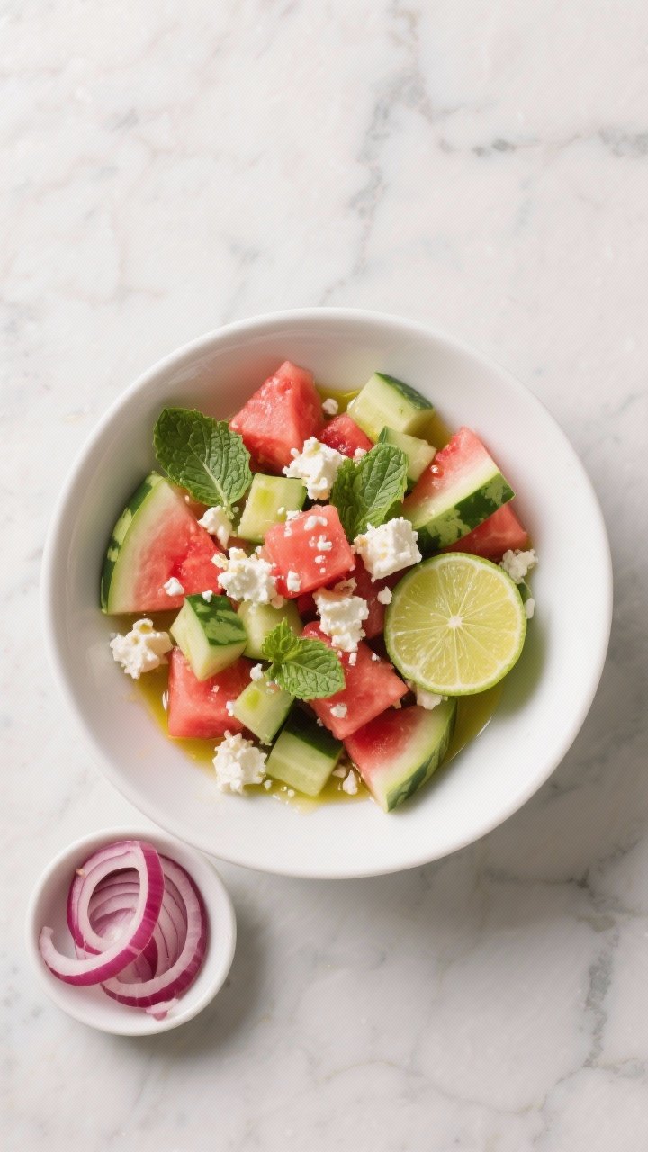 Overhead “share bowl” presentation: a large white bowl with cubed seedless watermelon, diced cucumber, crumbled feta, torn mint leaves, glossy drizzle of extra-virgin olive oil, and a squeeze of lime; a small pet-safe side bowl shows just watermelon and cucumber (no red onion or feta), with thinly sliced red onion placed separately on a small saucer; refreshing, high-contrast colors, clean marble backdrop.