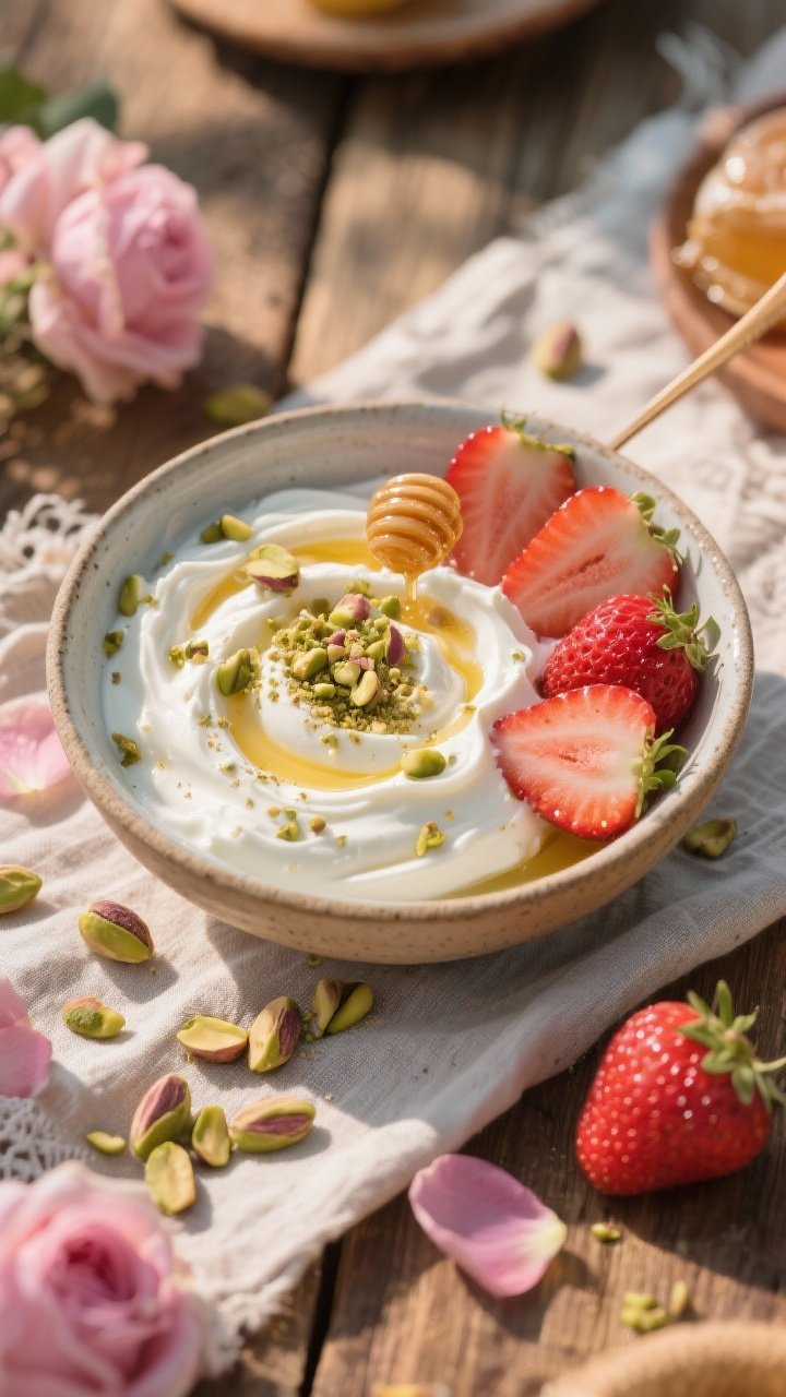 Overhead shot of a boho picnic spread centered on a shallow ceramic bowl of rose-honey whipped feta: ultra-creamy feta and whole-milk Greek yogurt swirled with extra-virgin olive oil, honey, and a hint of rose water, topped with crushed pistachio “dust” and sliced ripe strawberries; drizzle of honey glistening, rose petals and extra pistachio bits scattered around on a linen cloth, warm natural light, rustic wood table, no people.