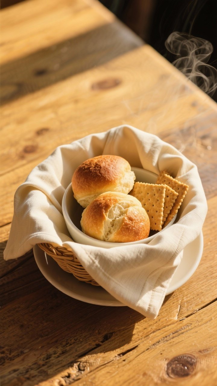 Overhead shot of a Bread Basket napkin fold using a large 20–22 inch cream-colored cloth, shaped into a cozy basket cradling warm rolls and a few crackers; formed over a small bowl for structure; steam subtly visible, rustic wood tabletop, golden morning light for warmth and hospitality.