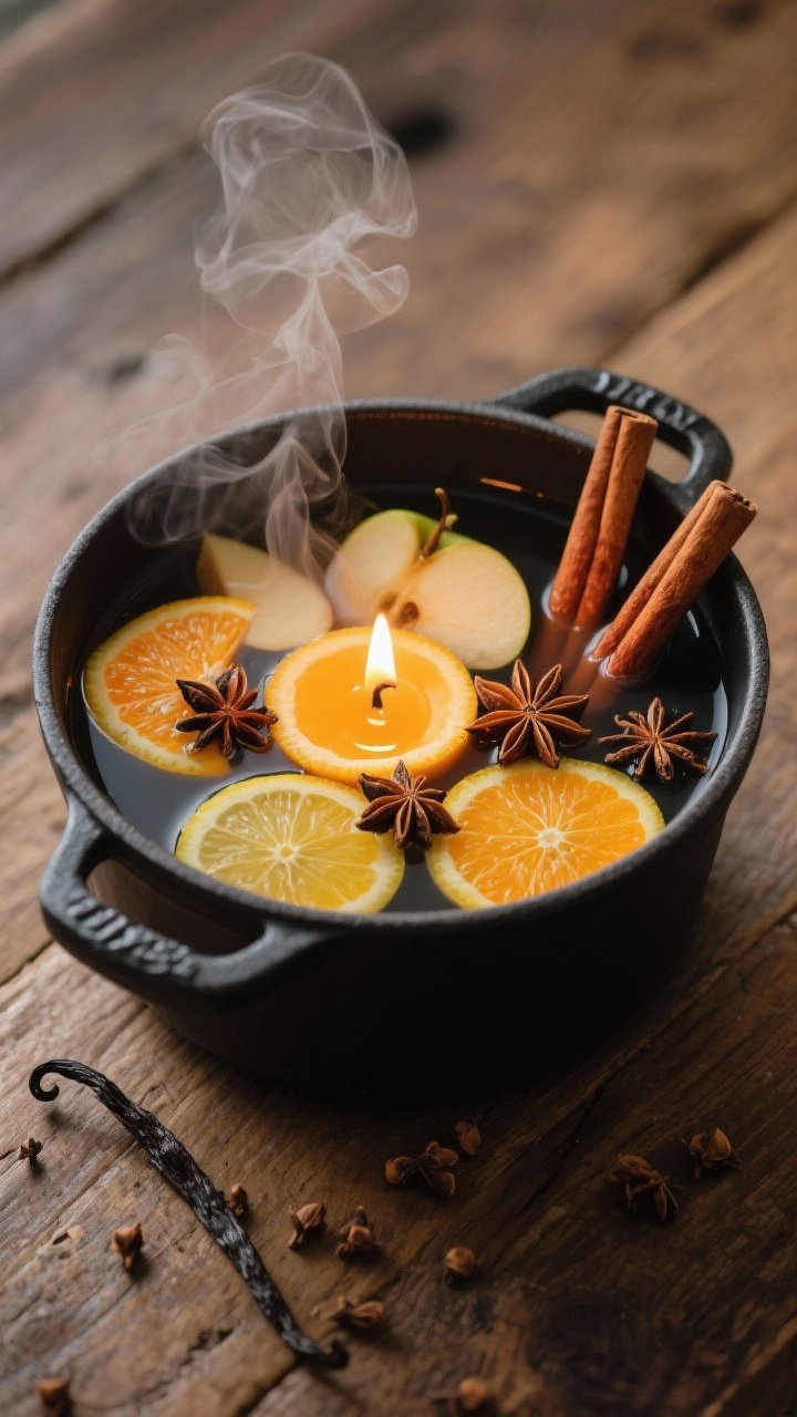 Overhead shot of a candlelit citrus-clove simmer pot: sliced oranges, lemon rounds, and optional apple slices floating with 3 cinnamon sticks, 10 whole cloves, 2 star anise, and a split vanilla bean in 6 cups of steaming water in a matte black saucepan; warm amber candle glow, wisps of steam, rustic wood surface, cozy hygge mood, no people.