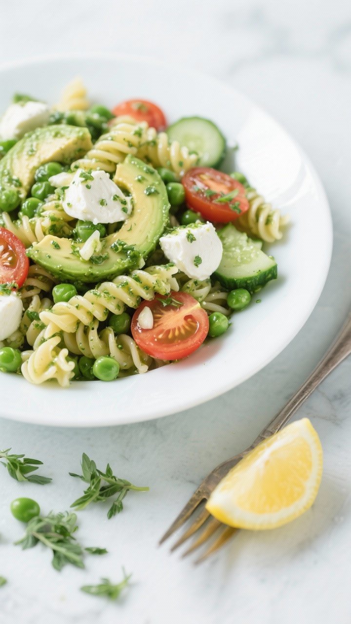 Overhead shot of a chilled green goddess pasta salad in a wide white bowl: fusilli tossed with peas, halved ciliegine mozzarella, chopped cucumber, halved cherry tomatoes, and ripe avocado, all coated in a garlicky herb-green dressing; scattered fresh herbs, lemon wedge, and a chilled fork nearby; cool, bright styling to emphasize crisp textures and a dreamy cold vibe.