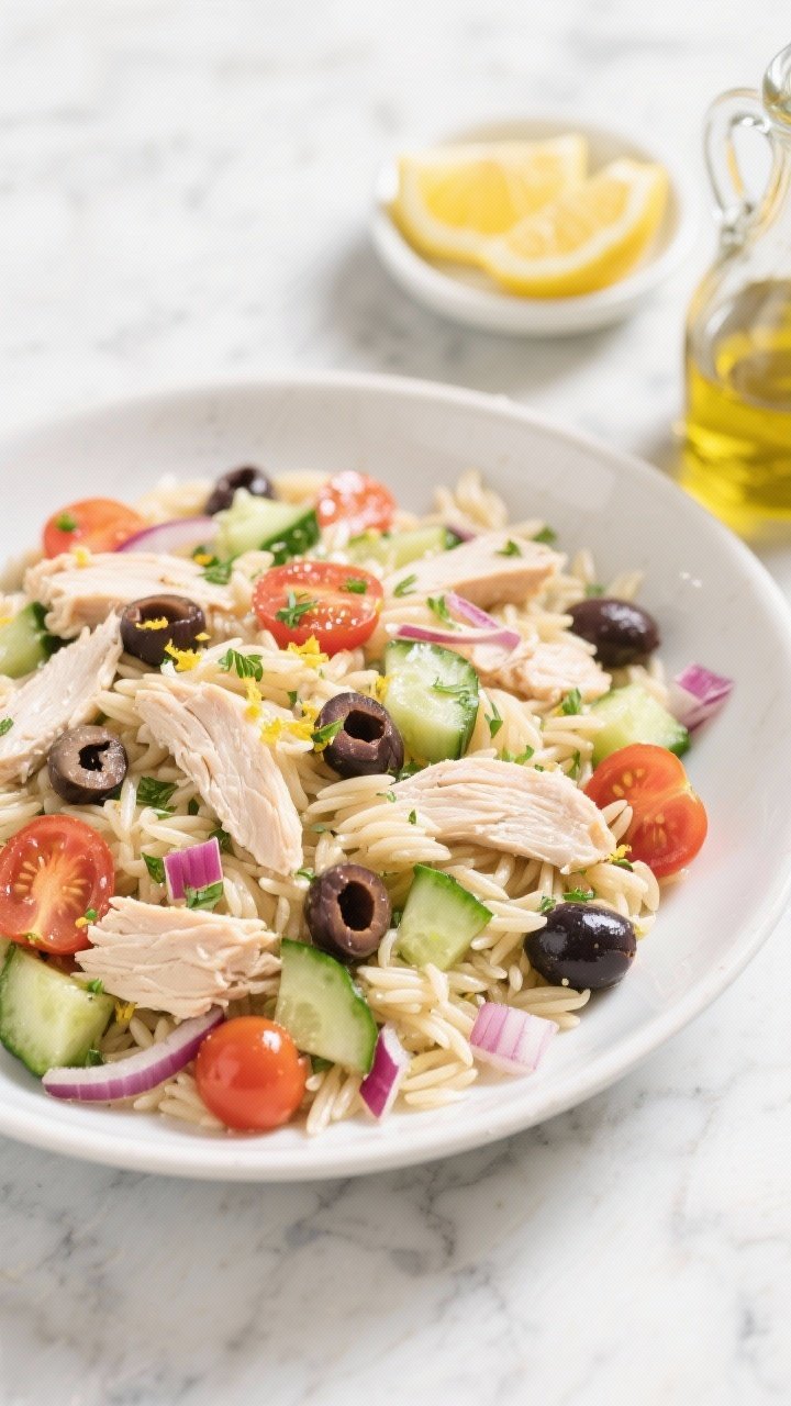 Overhead shot of a chilled lemon-herb chicken orzo salad in a wide white bowl on a marble surface: glossy orzo tossed with shredded cooked chicken breast, diced English cucumber, halved cherry tomatoes, finely chopped red onion, and sliced kalamata olives, flecks of fresh herbs and lemon zest visible; a small dish of lemon wedges and a carafe of olive oil on the side; bright, airy summer light, crisp textures, no people.