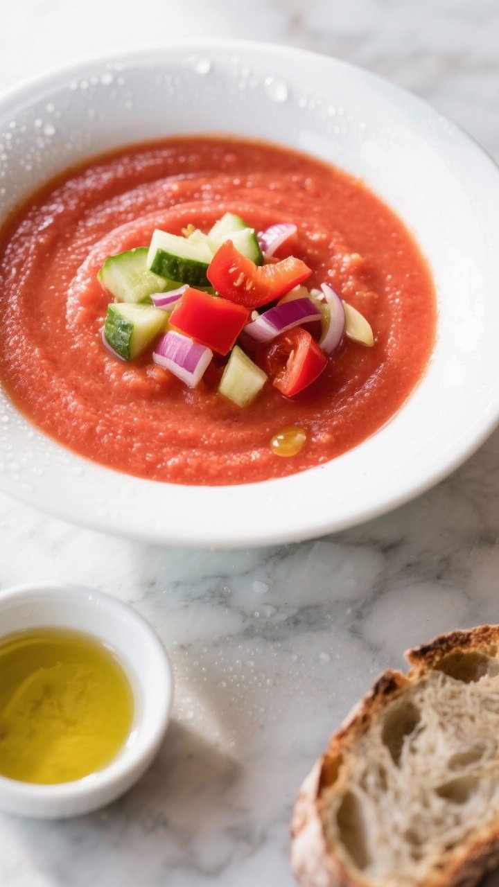 Overhead shot of a chilled no-cook gazpacho in a wide white bowl, silky and vibrant red from ripe tomatoes, garnished with finely diced English cucumber, red bell pepper, and a drizzle of olive oil; visible textures of puréed tomato, hints of red onion and garlic, with a small dish of sherry vinegar and torn rustic bread on a cool marble surface, condensation on the bowl to evoke heatwave relief, bright natural window light.