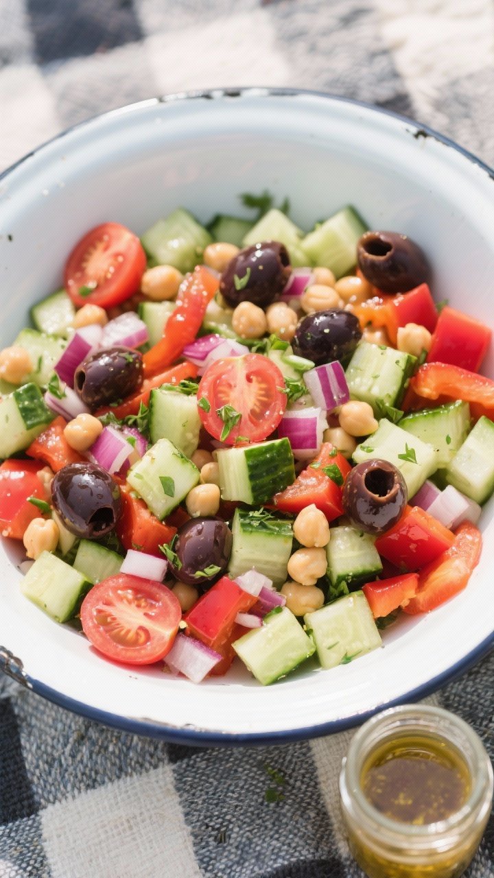 Overhead shot of a crisp chopped picnic salad in a wide white enamel bowl: diced English cucumber, halved cherry tomatoes, diced red bell pepper, cooked chickpeas, finely diced red onion, and glossy Kalamata olives glistening with a light vinaigrette, sprinkled with fresh herbs; bright, crunchy textures that resist sogginess; styled on a picnic blanket with a small jar of dressing off to the side, no greens visible.
