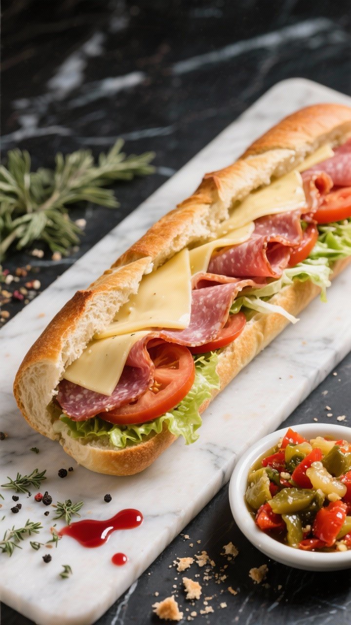 Overhead shot of a crunchy Italian grinder split open on a marble slab: a large crusty Italian roll packed with layered provolone slices, folded deli meats (salami/ham implied), ribbons of shredded lettuce, thick tomato slices patted dry, and a glossy scatter of zesty giardiniera; visible drizzle of red wine vinegar and extra-virgin olive oil with dried oregano and cracked black pepper on the cut surface of the bread; crumbs and a small dish of giardiniera on the side; bright, bold Italian deli vibe, high contrast, crisp textures emphasized.