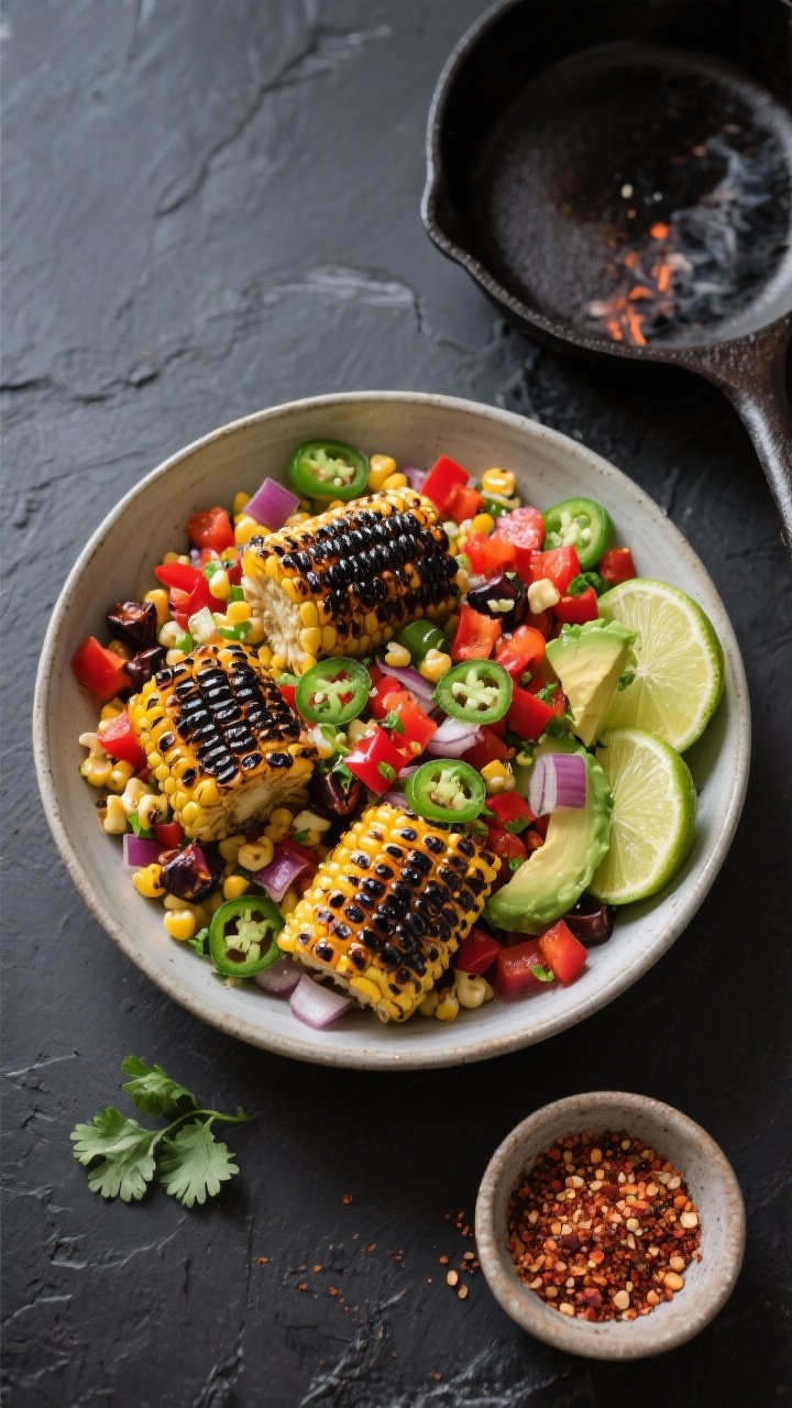 Overhead shot of a fire-kissed charred corn salad in a wide, shallow bowl: blackened kernels cut from 4 ears of corn, diced red bell pepper, finely chopped red onion, minced jalapeño, chopped fresh cilantro, diced avocado, and flecks of lime zest. Style with a chili-lime crunch vibe: lime halves, a small bowl of flaky chili salt, and a smoky cast-iron skillet in the corner, on a dark charcoal surface to emphasize the char, bright colors popping, natural window light.
