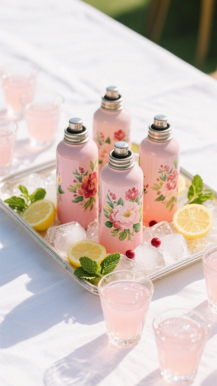 Overhead shot of a floral thermos bar: vintage thermoses with hand-painted flowers filled with old-fashioned pink lemonade—lemon juice, cold water, a blush of cranberry juice or grenadine—surrounded by a tray of ice, lemon wheels, and mint sprigs; glass cups catching light with pale-rose hue; clean, bright, summery mood on a white linen.
