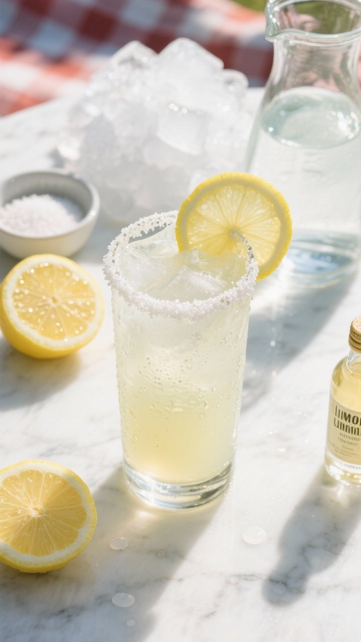 Overhead shot of a frosted lemonade slush in a clear highball glass, frosty and semi-opaque with tiny ice crystals, garnished with thin lemon wheels and a sugar rim; visible ingredients around: halved fresh lemons, a small bowl of granulated sugar, a carafe of cold water, a mound of ice; optional small bottle of vodka/limoncello off to the side; bright sunlit picnic vibe on a white marble surface, condensation beads sparkling.